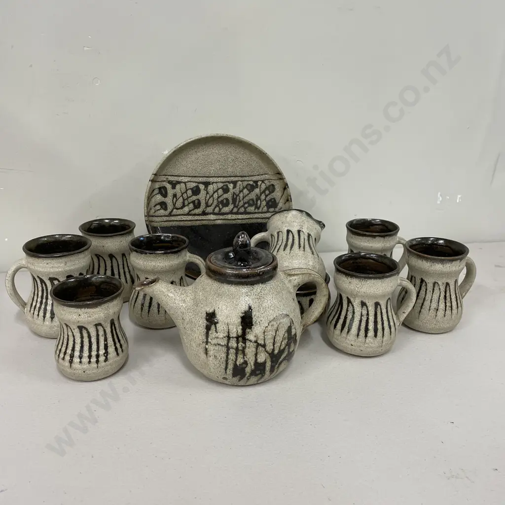 Art Pottery Teaset. Teapot, Cake Plate, Milk, Sugar, 6 mugs and Teaspoon Pot Image 1++