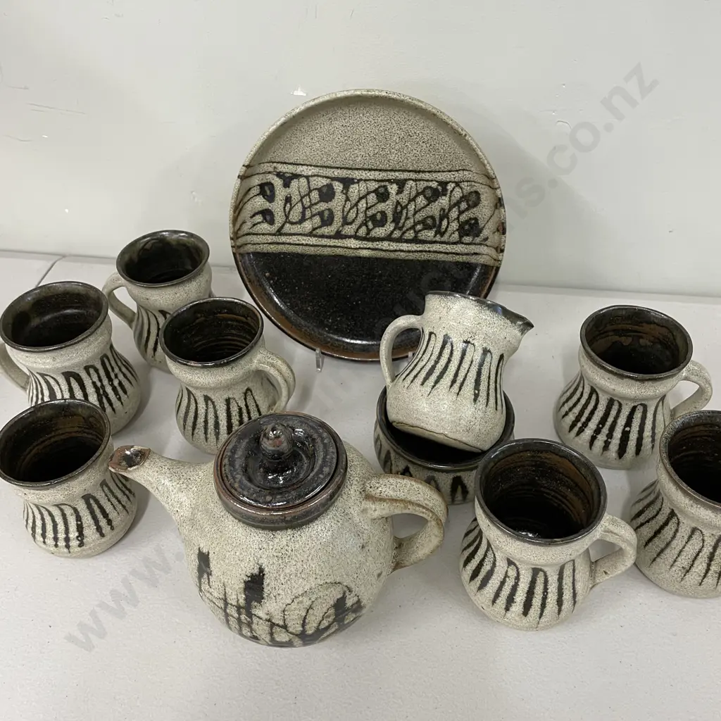 Art Pottery Teaset. Teapot, Cake Plate, Milk, Sugar, 6 mugs and Teaspoon Pot Image 1++