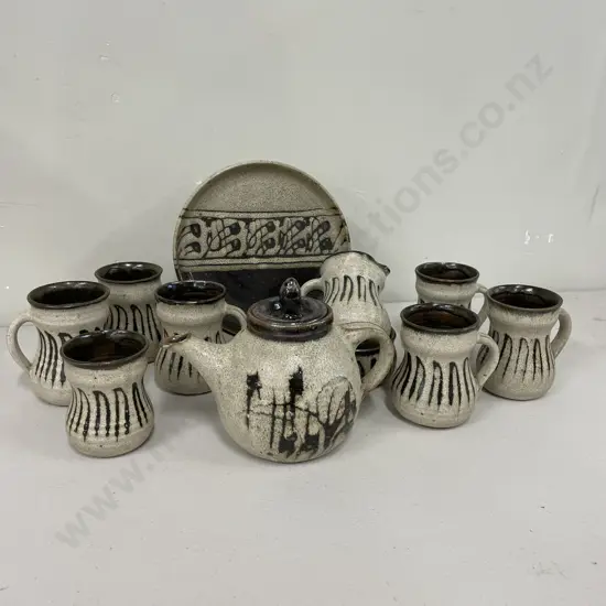 Art Pottery Teaset. Teapot, Cake Plate, Milk, Sugar, 6 mugs and Teaspoon Pot