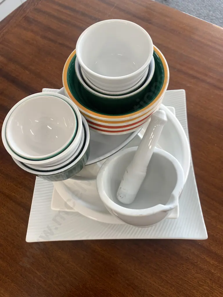 Assorted White Platters, Mortar & Pestle, Bowls Etc Image 1++