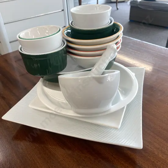 Assorted White Platters, Mortar & Pestle, Bowls Etc