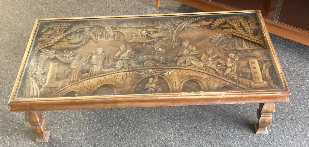 Vintage 1960s Ornate Oriental Carved Wood Coffee Table, H37 W127 D62cm Image 1++