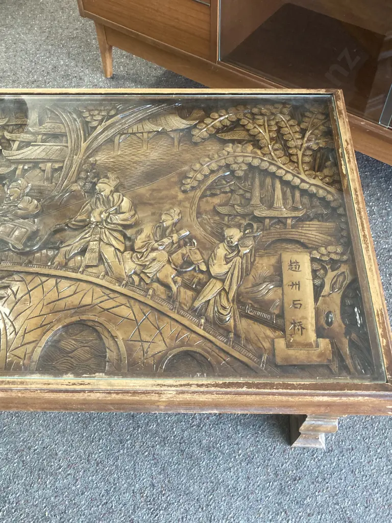 Vintage 1960s Ornate Oriental Carved Wood Coffee Table, H37 W127 D62cm Image 1++