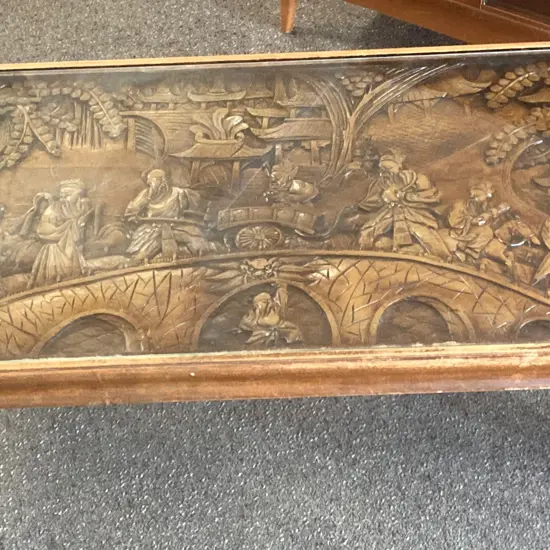 Vintage 1960s Ornate Oriental Carved Wood Coffee Table, H37 W127 D62cm