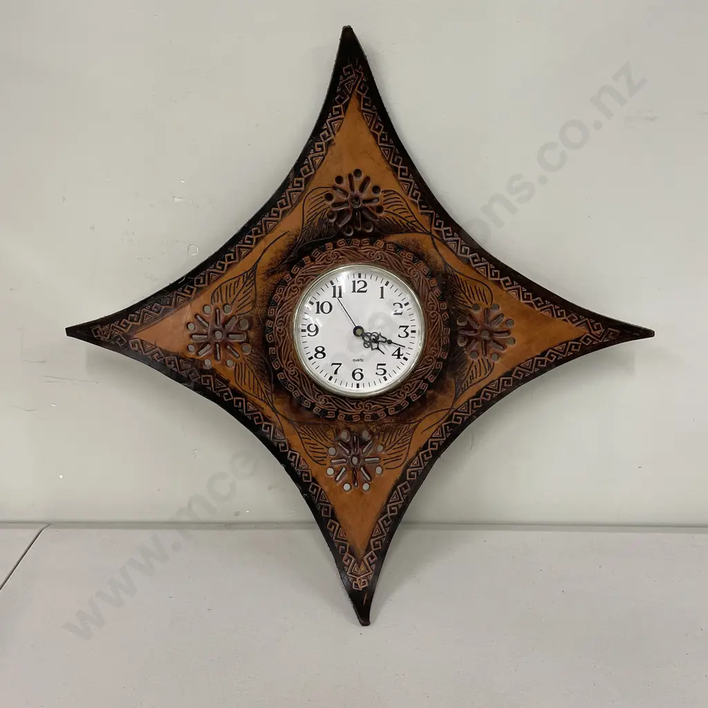 Quartz Leather Framed Clock. Hand Tooled. 48 x 48cm Image 1++