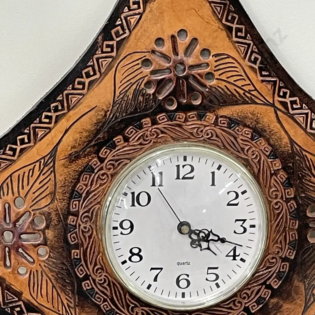 Quartz Leather Framed Clock. Hand Tooled. 48 x 48cm Image 1++