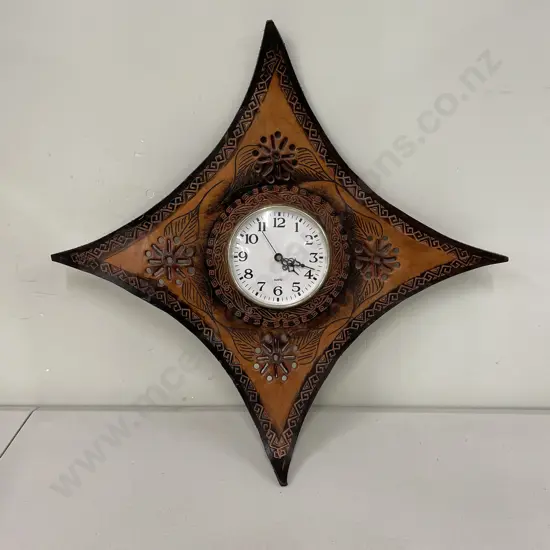Quartz Leather Framed Clock. Hand Tooled. 48 x 48cm