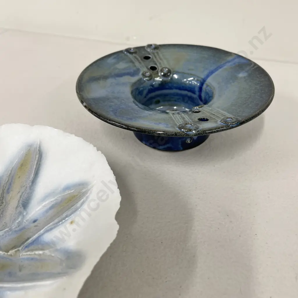 Two Art Pottery Items: David Brokenshire Memory Flower Dish with Blue drizzle glazed Hat bowl Image 1++