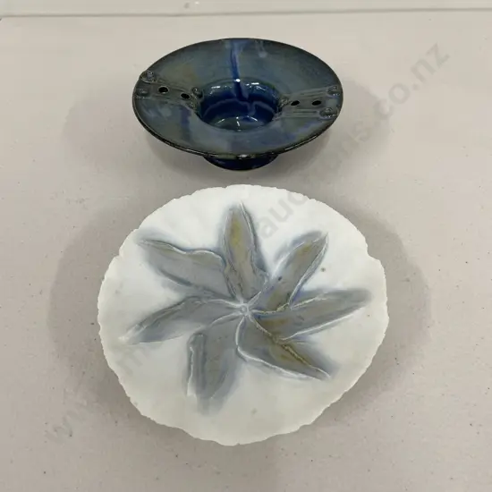 Two Art Pottery Items: David Brokenshire Memory Flower Dish with Blue drizzle glazed Hat bowl
