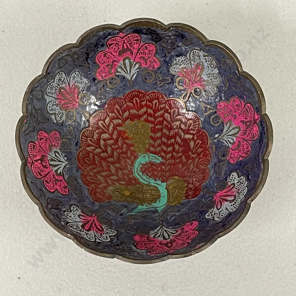 Vintage Cloisonne Peacock Bowl. Scalloped edge. H5cm Dia12cm Image 1++