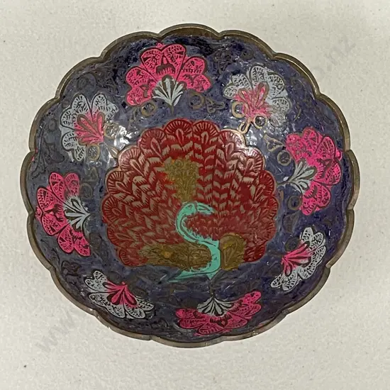 Vintage Cloisonne Peacock Bowl. Scalloped edge. H5cm Dia12cm
