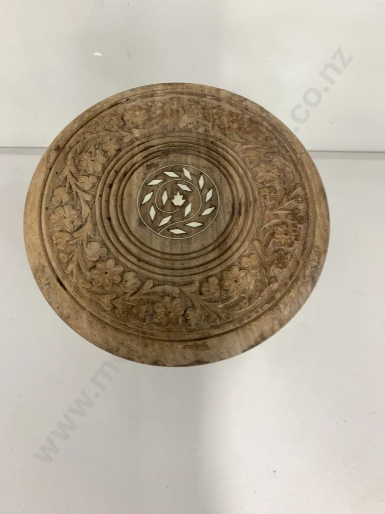 Wooden Carved Round Occasional Table, Tri legged, Pearl Detail Image 1++