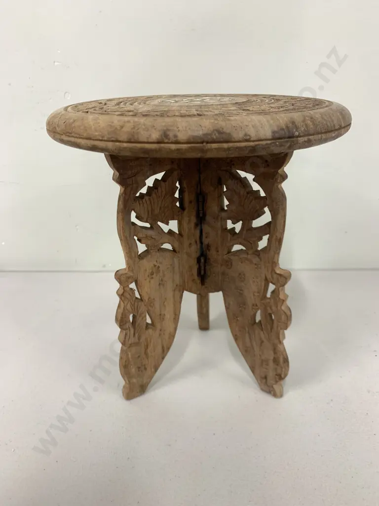 Wooden Carved Round Occasional Table, Tri legged, Pearl Detail Image 1++