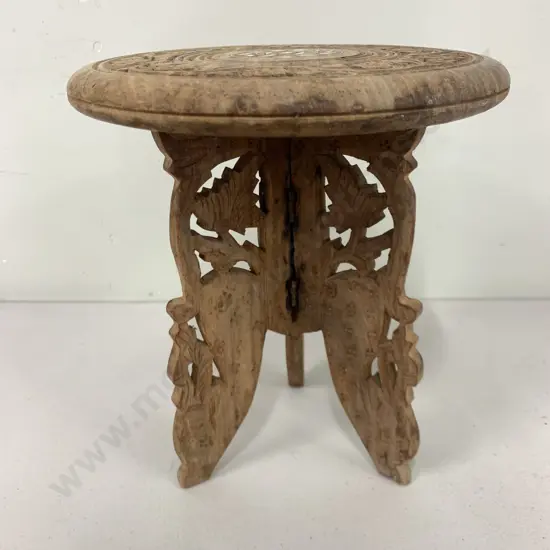 Wooden Carved Round Occasional Table, Tri legged, Pearl Detail