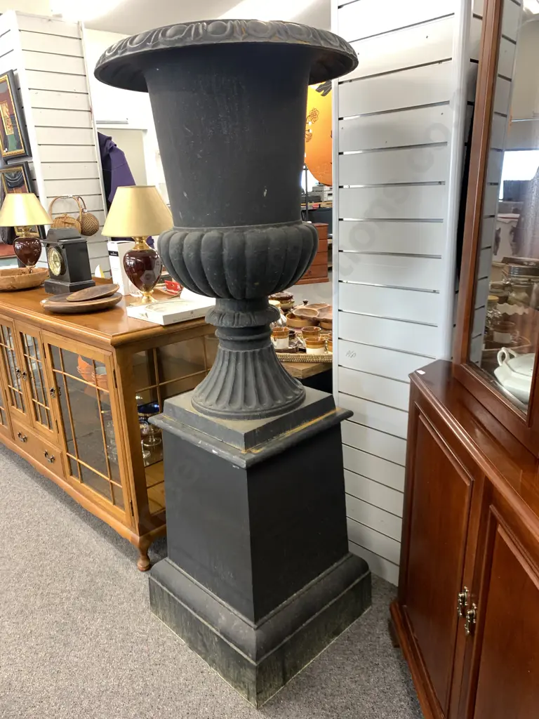 Pair of Cast Iron Classical Style Garden Urns On Plinths, Black Finish, 100 x 67cm on 74 x 55 x 55cm Plinth, 236Kgs Image 1++