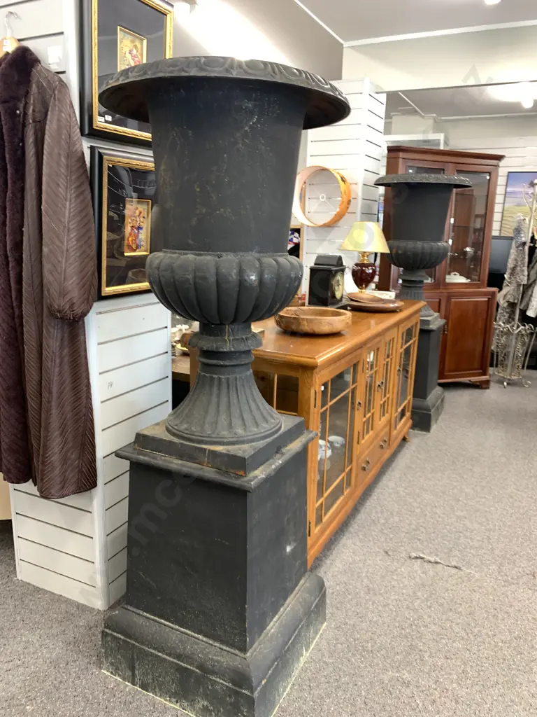 Pair of Cast Iron Classical Style Garden Urns On Plinths, Black Finish, 100 x 67cm on 74 x 55 x 55cm Plinth, 236Kgs Image 1++