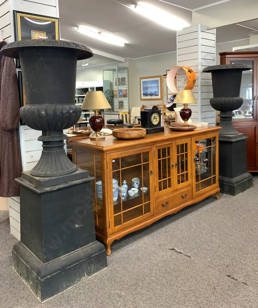 Pair of Cast Iron Classical Style Garden Urns On Plinths, Black Finish, 100 x 67cm on 74 x 55 x 55cm Plinth, 236Kgs Image 1++