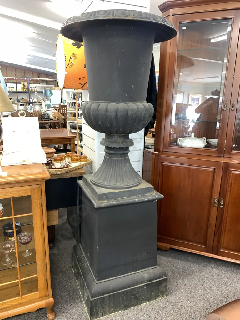 Pair of Cast Iron Classical Style Garden Urns On Plinths, Black Finish, 100 x 67cm on 74 x 55 x 55cm Plinth, 236Kgs Image 1++