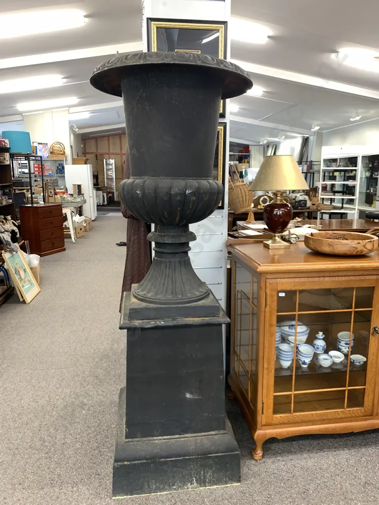Pair of Cast Iron Classical Style Garden Urns On Plinths, Black Finish, 100 x 67cm on 74 x 55 x 55cm Plinth, 236Kgs Image 1++