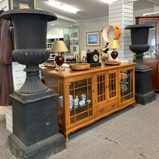 Pair of Cast Iron Classical Style Garden Urns On Plinths, Black Finish, 100 x 67cm on 74 x 55 x 55cm Plinth, 236Kgs