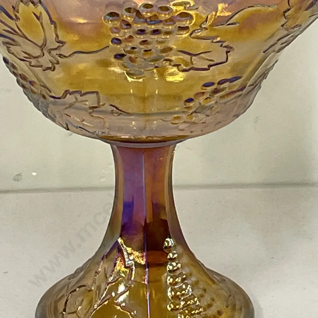 Vintage Carnival Glass Pedestal Fruit Bowl. Moulded Grape and Leaf design. Amber Orange colour. H21cm Dia21cm Image 1++