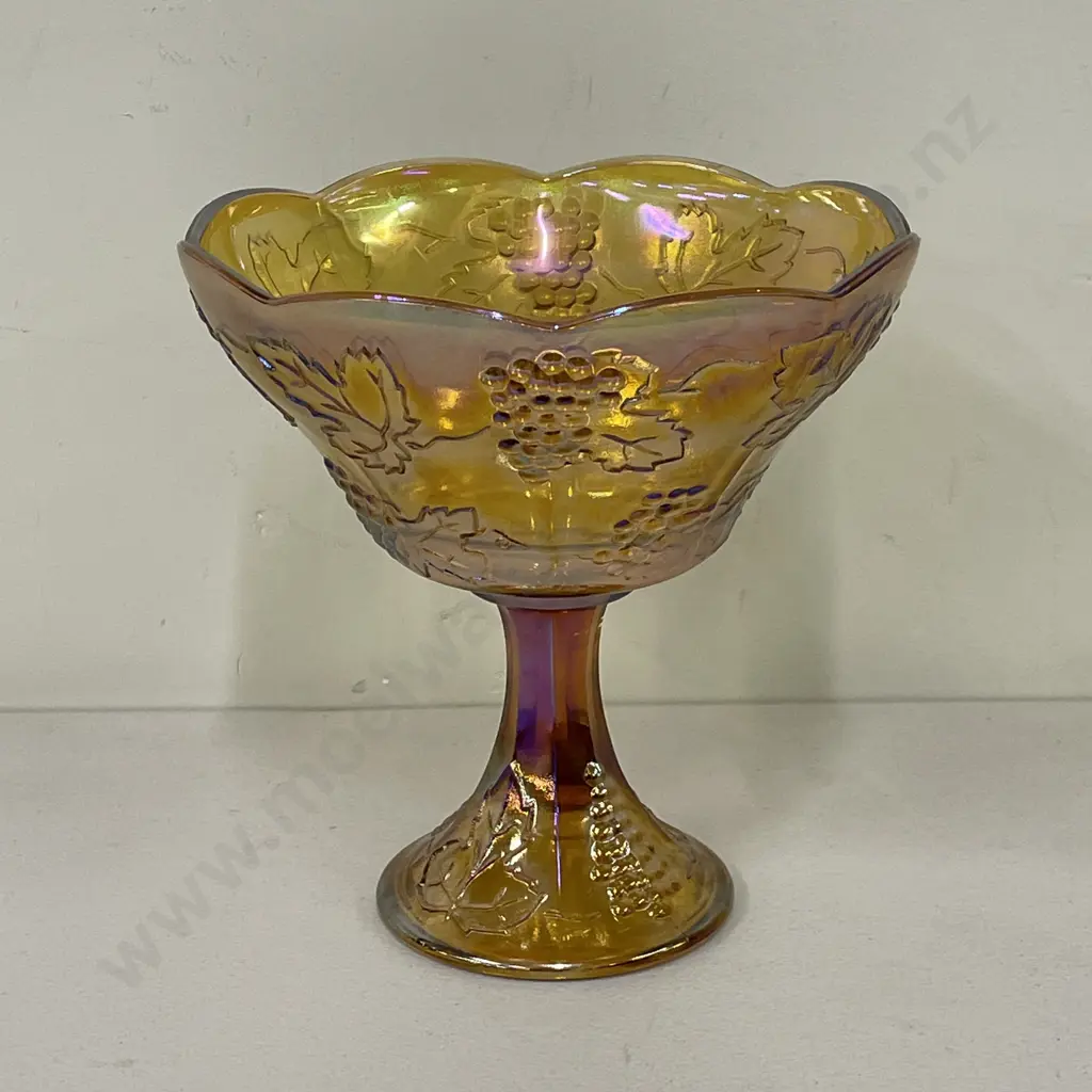 Vintage Carnival Glass Pedestal Fruit Bowl. Moulded Grape and Leaf design. Amber Orange colour. H21cm Dia21cm Image 1++
