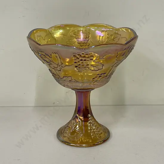 Vintage Carnival Glass Pedestal Fruit Bowl. Moulded Grape and Leaf design. Amber Orange colour. H21cm Dia21cm