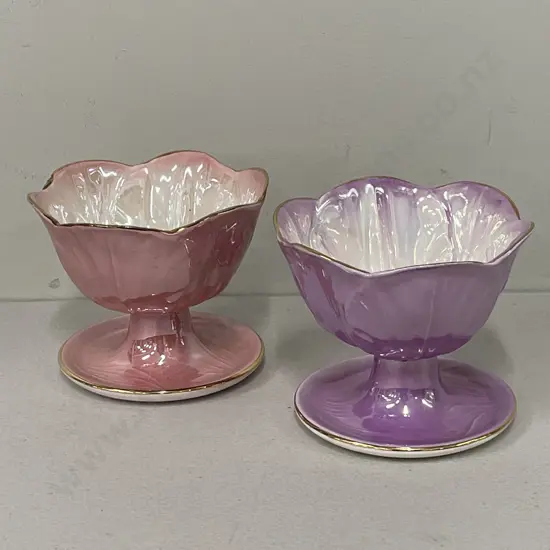 Pair of Maling Lustre Pedestal Sweet Dishes. Purple and Pink