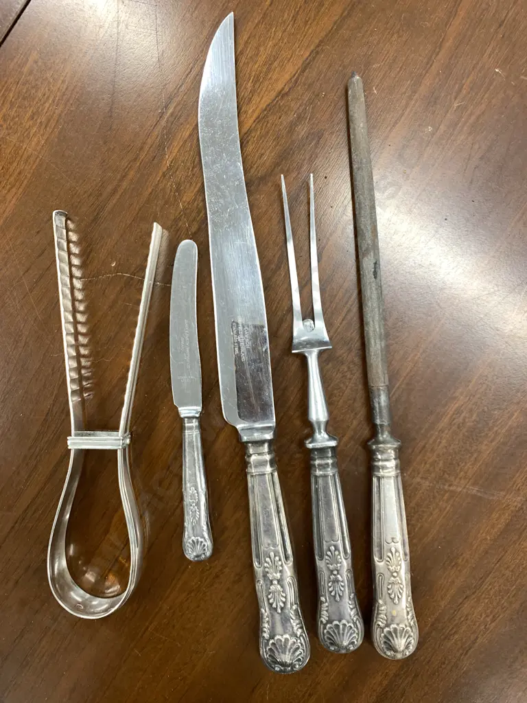 Assorted Silverware Sheffield Carving Set, Tong & Knife Etc Image 1++