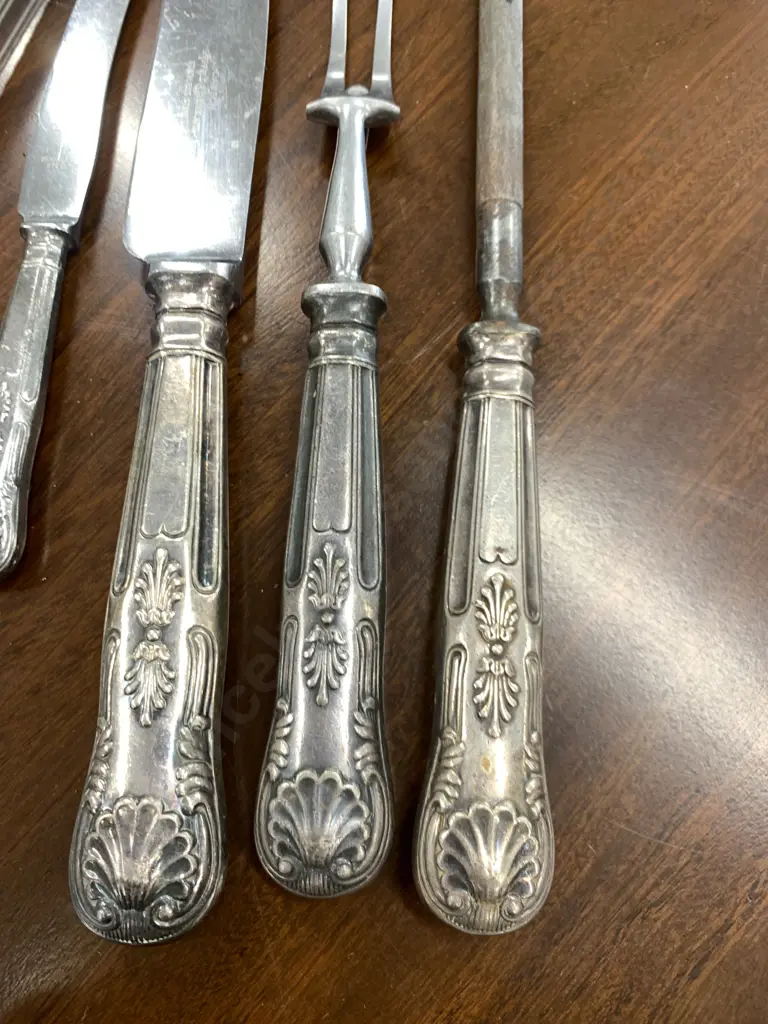 Assorted Silverware Sheffield Carving Set, Tong & Knife Etc Image 1++