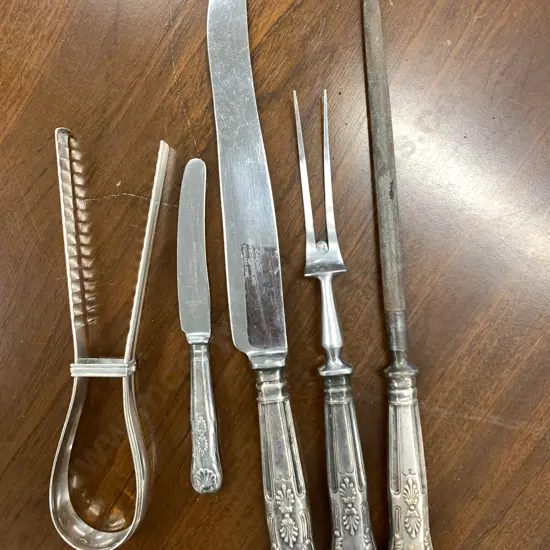 Assorted Silverware Sheffield Carving Set, Tong & Knife Etc
