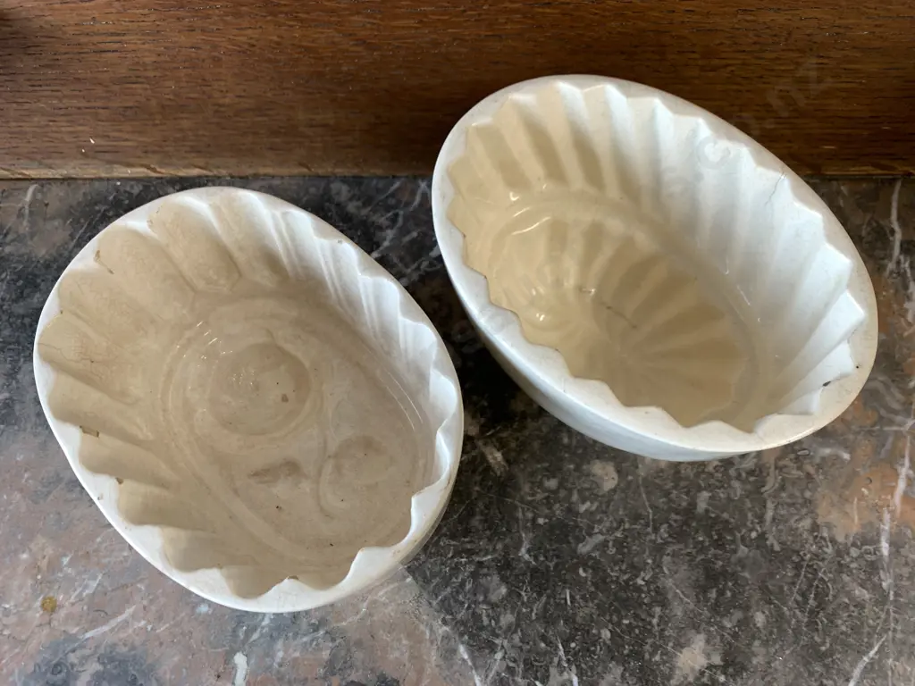 Pair of Antique Ceramic Jelly Moulds, Floral Detail & Leaf Detail Image 1++