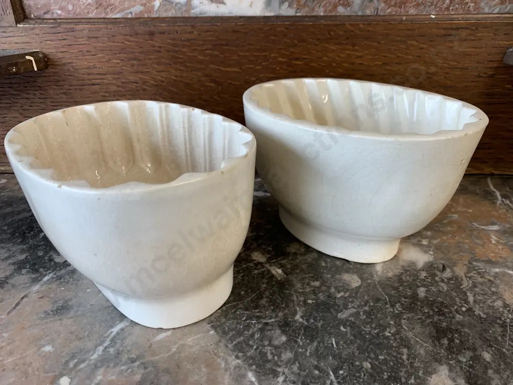 Pair of Antique Ceramic Jelly Moulds, Floral Detail & Leaf Detail Image 1++
