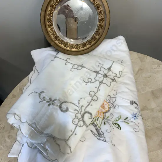 Vintage Table Linen & Round Gilt Mirror Plate, Bevelled Edge, Dia23cm