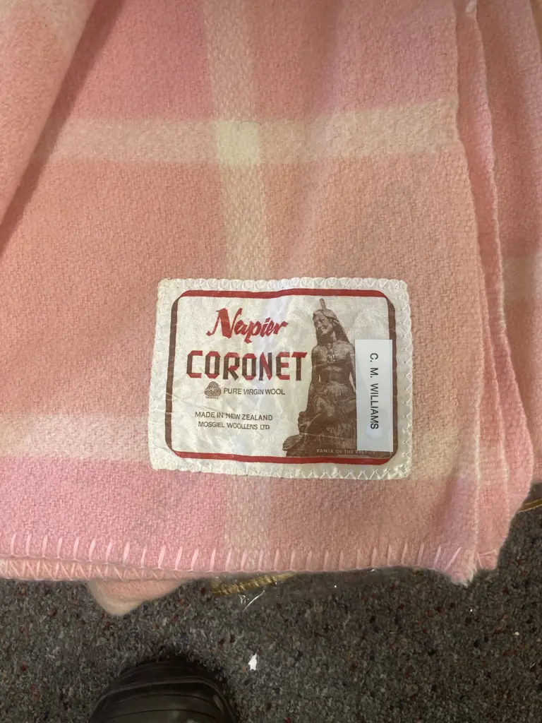 Pair of Vintage Napier Coronet All Wool Blankets With Onehunga Princess Bag, Pink & White Image 1++