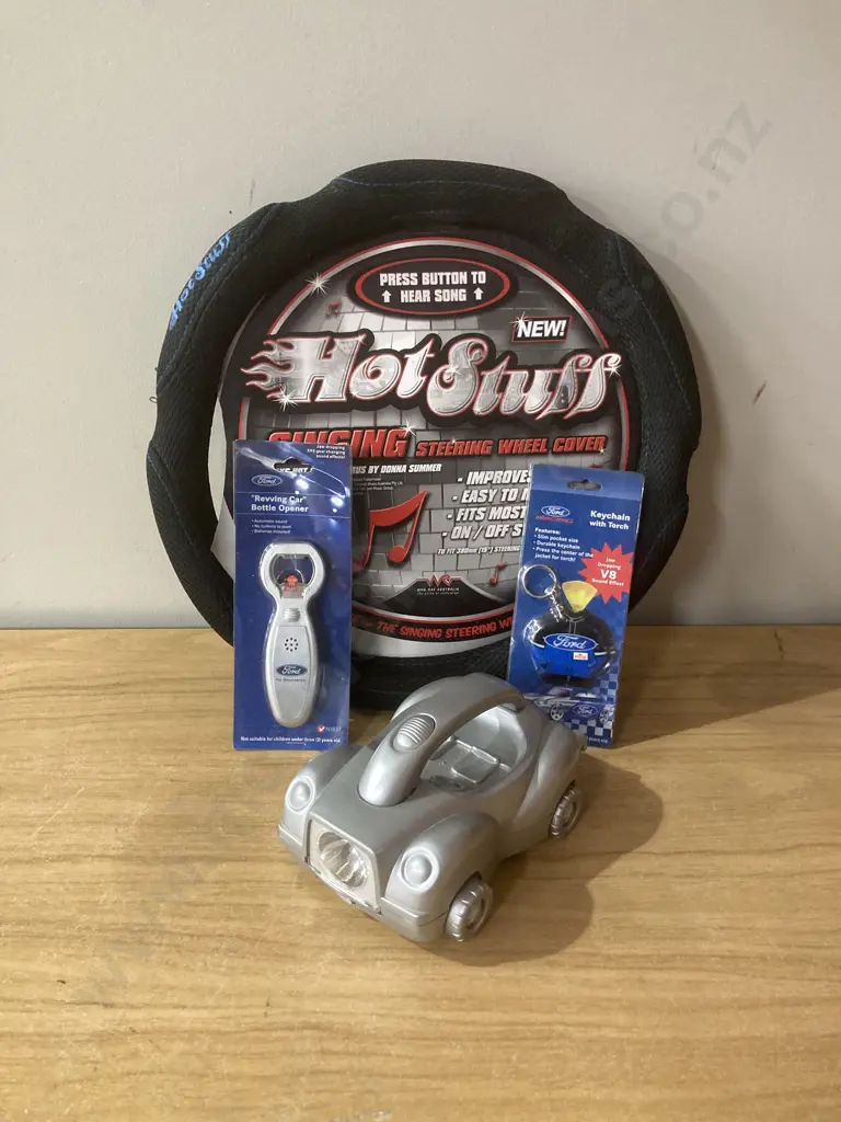 Singing Steering Wheel Cover, Ford Revving Opener & Torch Keychain, Car Torch Image 1++
