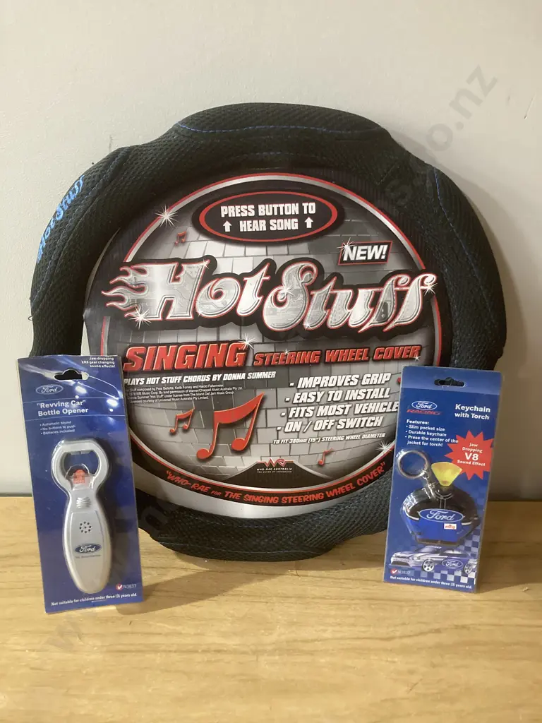 Singing Steering Wheel Cover, Ford Revving Opener & Torch Keychain, Car Torch Image 1++