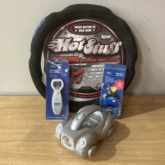 Singing Steering Wheel Cover, Ford Revving Opener & Torch Keychain, Car Torch