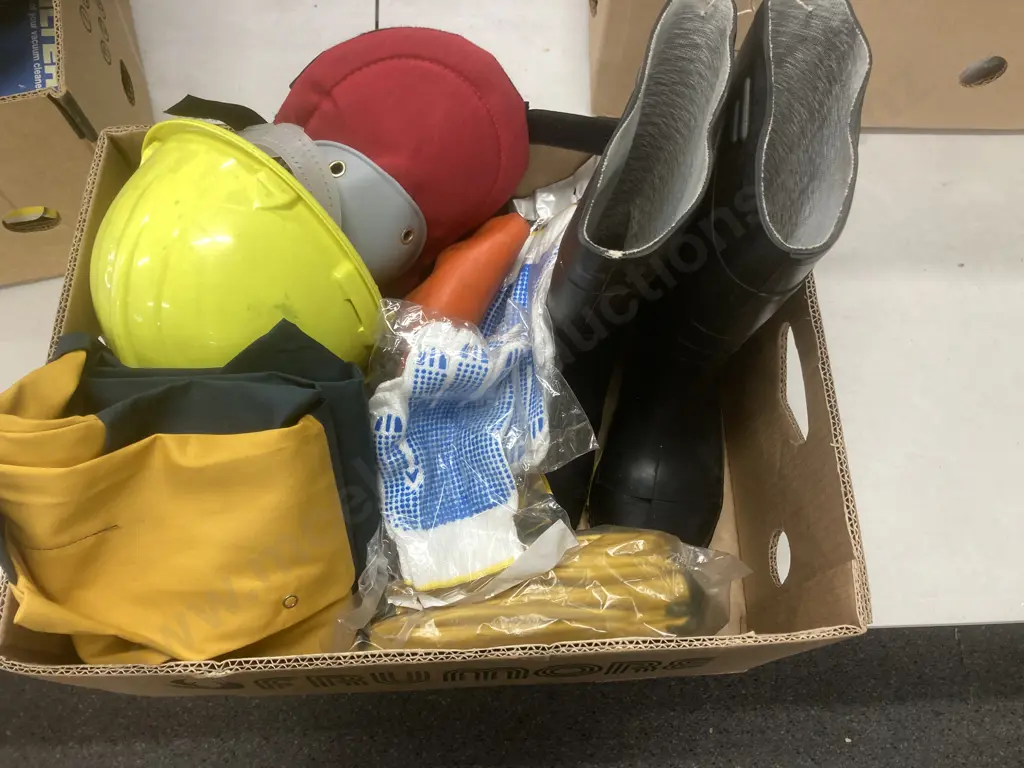 Box Lot Sz9 Bata Gumboots, Sz8 Overalls, Gloves, Earmuffs, Knee Protectors Etc Image 1++