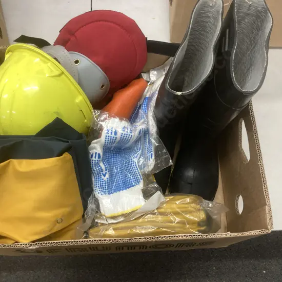 Box Lot Sz9 Bata Gumboots, Sz8 Overalls, Gloves, Earmuffs, Knee Protectors Etc