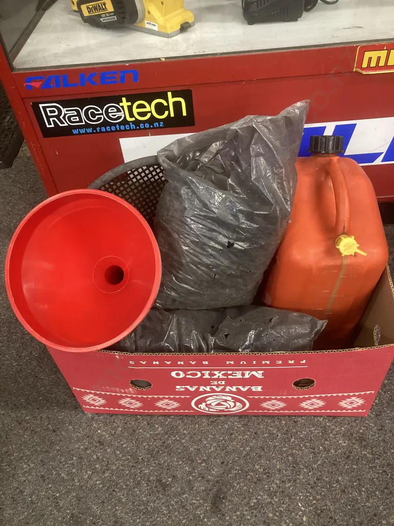 Box of BBQ Charcoal, Gas Can, Strainer Etc Image 1++
