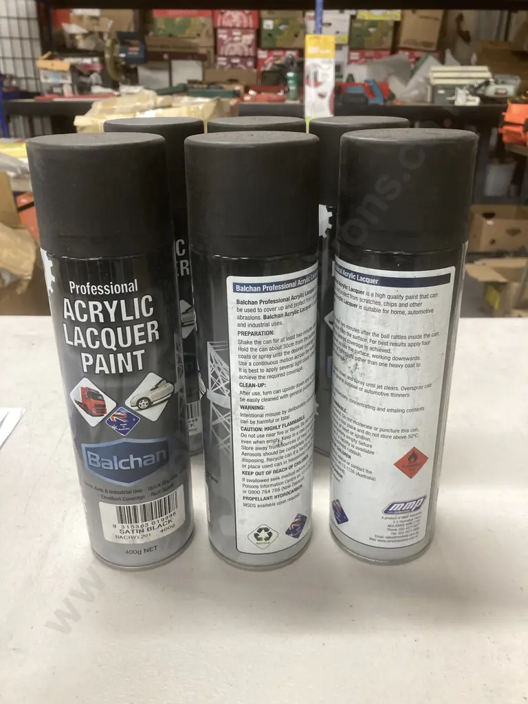 Lot of 6 Spray Cans Balchan Satin Black Acrylic Lacquer Paint, 400g Image 1++