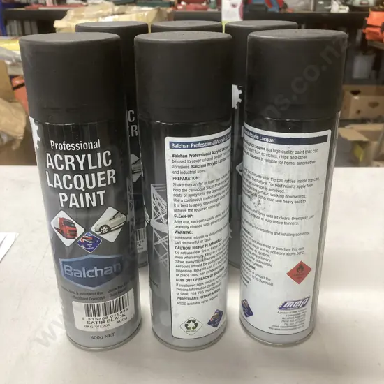 Lot of 6 Spray Cans Balchan Satin Black Acrylic Lacquer Paint, 400g