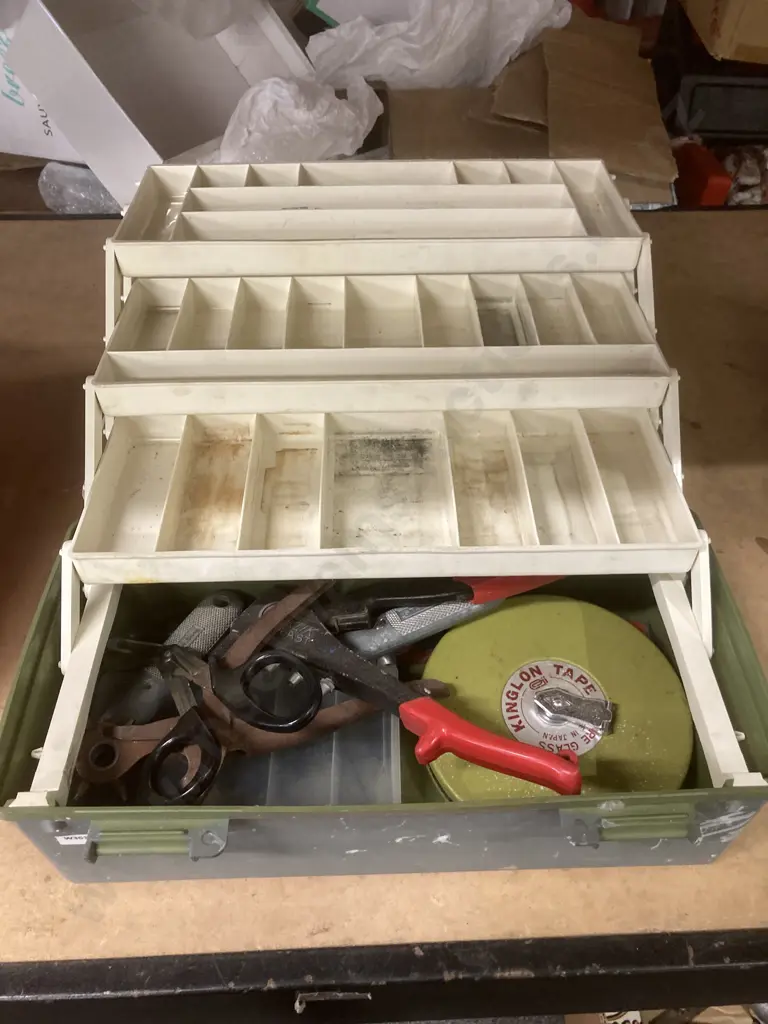 Green Tackle Box, Leather Punch, Craft Knives, Kinglon Tape Etc Image 1++