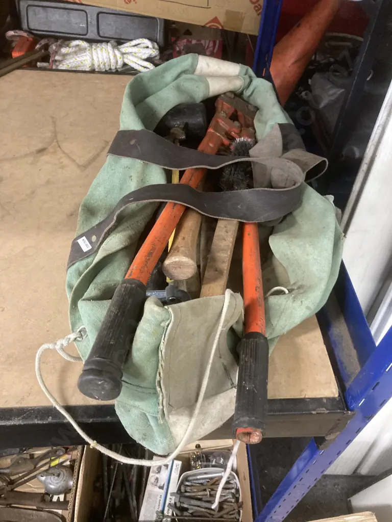 Canvas Builders Bag, Hacksaw, Bolt Cutters, Mallet, Hammer, Wire Brush Etc Image 1++