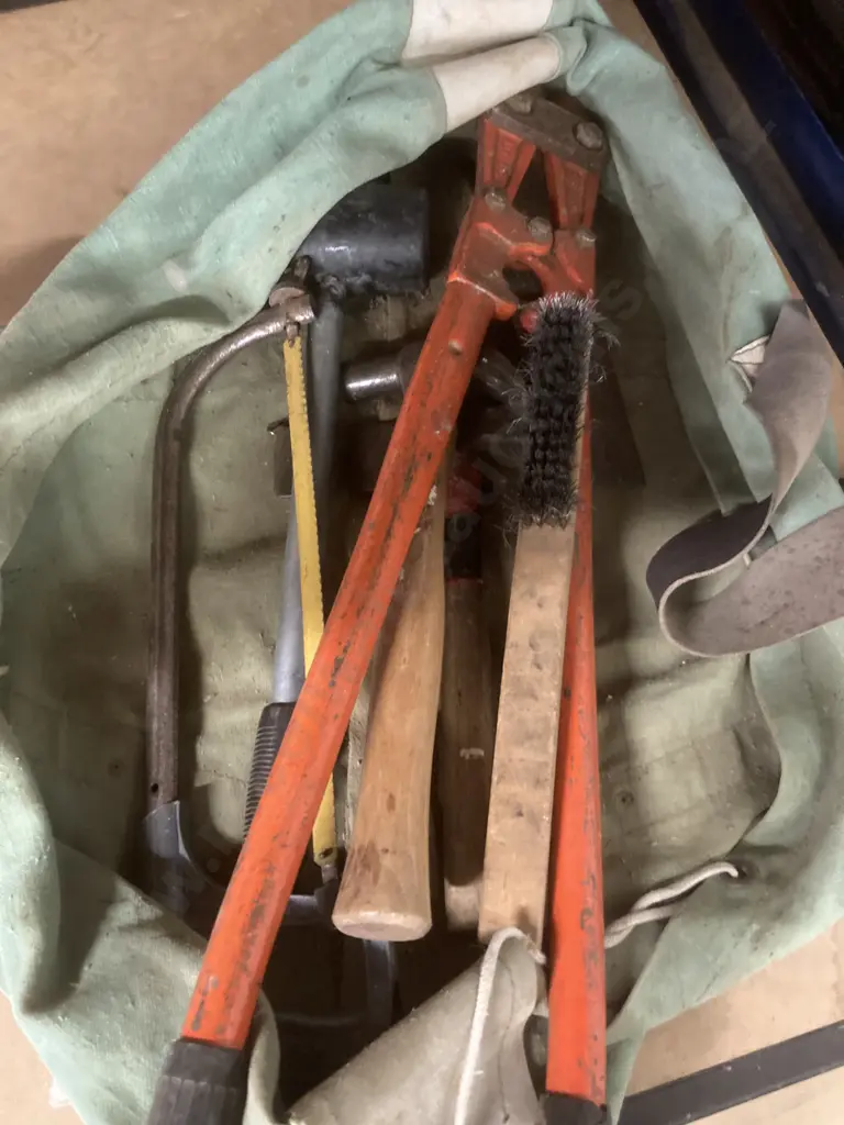 Canvas Builders Bag, Hacksaw, Bolt Cutters, Mallet, Hammer, Wire Brush Etc Image 1++