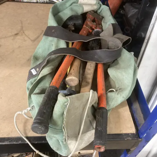 Canvas Builders Bag, Hacksaw, Bolt Cutters, Mallet, Hammer, Wire Brush Etc