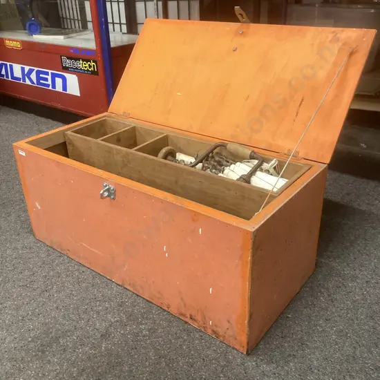 Vintage Wooden Joiners Box, H35 W83 D37, Brace & Bits, Level, Builders Apron, Hardware Etc