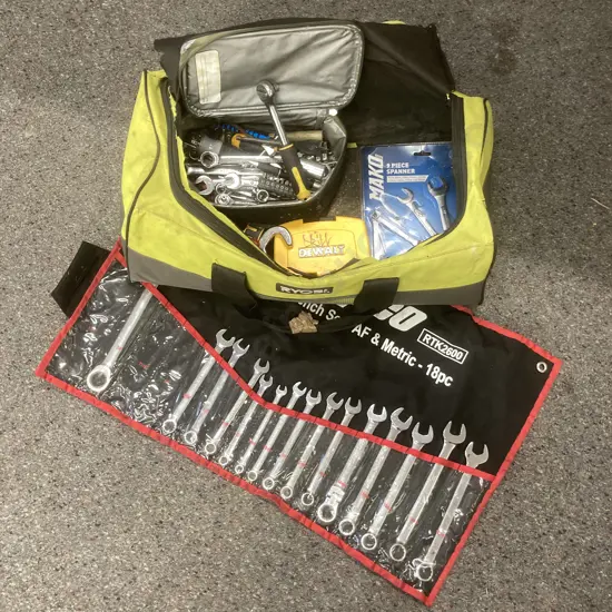 Ripped Ryobi Bag, Part Repco Spanner Set, Spanners, Bits, Crescents, Screwdrivers, Sockets Etc