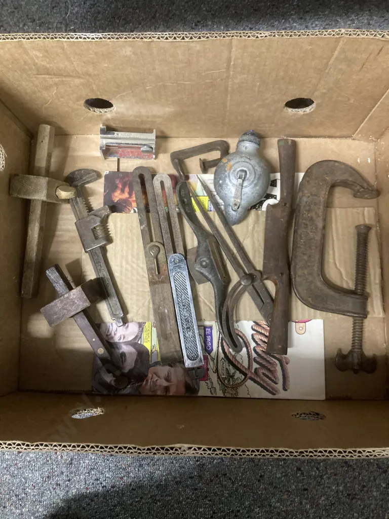 Box Lot Vintage Tools, Spoke Shaves, Clamps, Wrench, Etc Image 1++